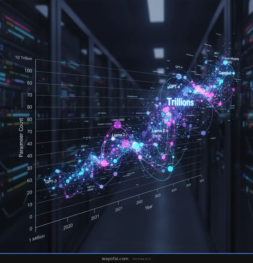 A dynamic visualization showing the exponential growth of AI language models from 2020 to 2025, with parameter counts scaling from millions to trillions, featuring interconnected nodes representing GPT-3, GPT-4, and Llama models in a futuristic tech aesthetic with blue and purple gradients