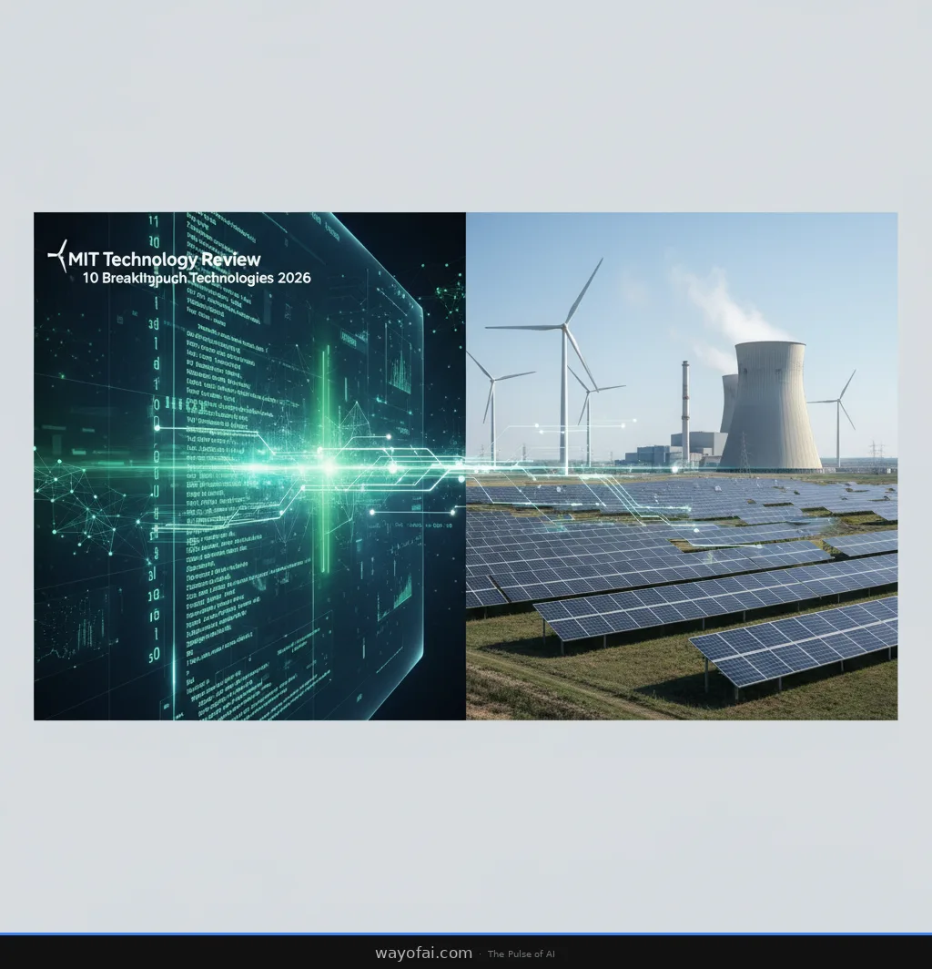 Split-screen visualization showing an AI coding interface on one side with flowing code streams, and clean energy infrastructure with solar panels, wind turbines, and nuclear reactors on the other side, connected by glowing technological pathways