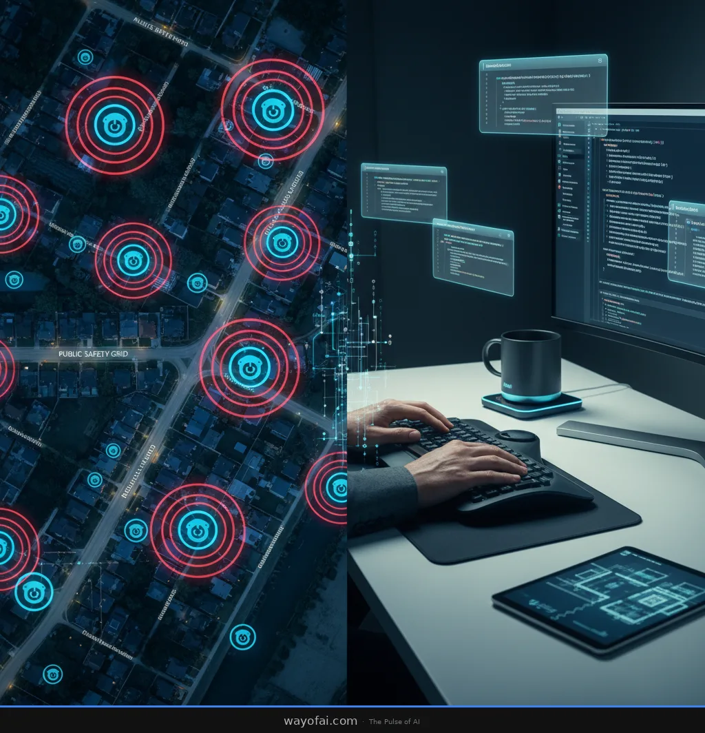 Split-screen visualization showing a neighborhood map with pulsing surveillance camera icons on one side contrasting with a clean, modern developer workspace with code completion suggestions on screen, representing AI's consumer vs enterprise divide