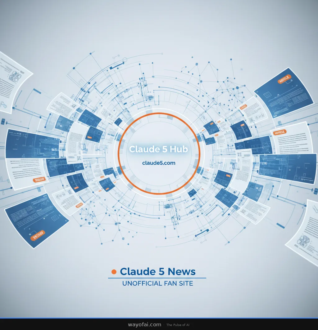 A dynamic visualization showing streams of research papers flowing into a central hub, with neural network patterns and architectural diagrams floating in the background, rendered in a modern tech aesthetic with blues and whites