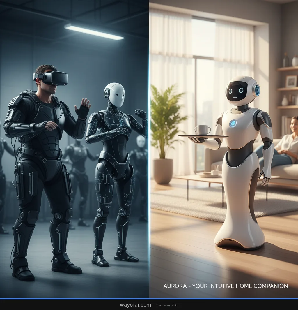 Split-screen image showing a person in VR headset and exoskeleton performing repetitive motions next to a humanoid robot, contrasted with a sleek marketing image of an 'autonomous' robot in a modern home