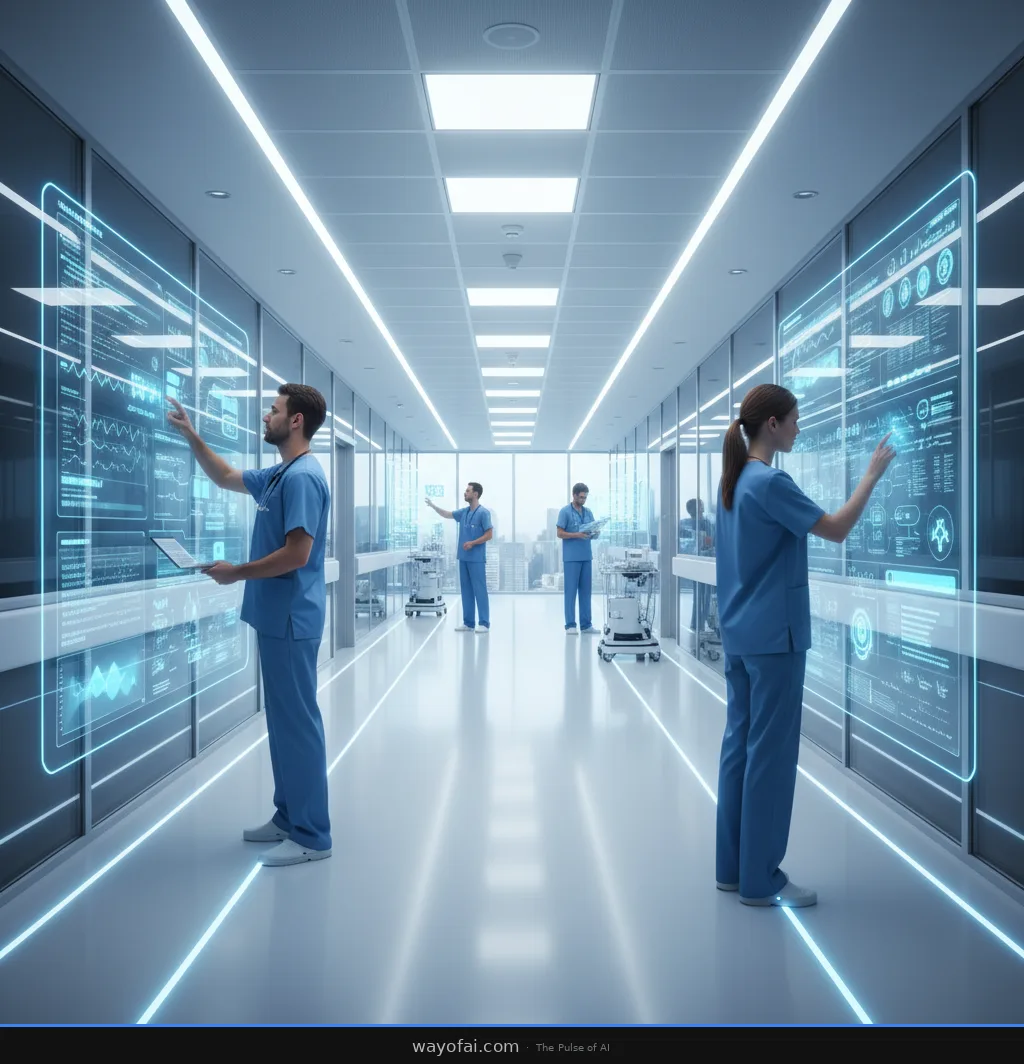 Modern hospital corridor with holographic AI interface displays showing patient data, clinical workflows, and automated documentation systems, healthcare professionals interacting with transparent digital panels, clean medical environment with blue and white color scheme